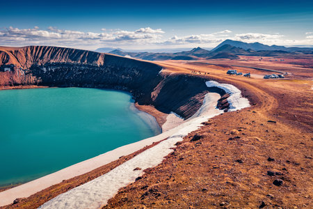 Car parking on the shore of Krafla Viti Crater lake. Exotic morning scene of Iceland, Europe. Beauty of nature concept background.の写真素材