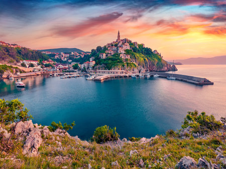Charm of the ancient cities of Europe. Calm morning cityscape of Vrbnik town. Superb summer seascape of Adriatic sea, Krk island, Kvarner bay archipelago, Croatia, Europe.のeditorial素材