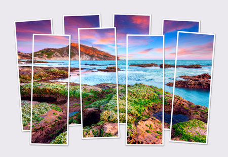Isolated eight frames collage of picture of summer sunset on Giallonardo beach, Sicily, Italy. Amazing morning seascape of Mediterranean sea. Mock-up of modular photo.の写真素材