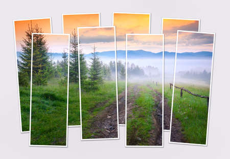 Isolated eight frames collage of picture of old country road in Carpathian mountains. Foggy summer...