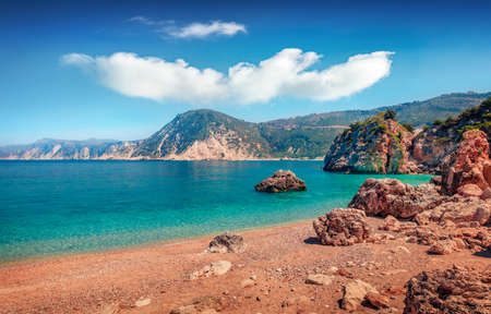 beautiful marine scenery. Synny summer view of Agia eleni beach. Colorful morning seascape of Mediterranean Sea. Bright outdoor scene of Kefalonia island, Greece, Europe.の写真素材