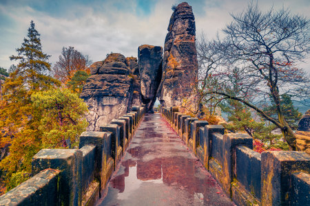 beautiful autumn scenery. Calm morning view of empty Bastei bridge. Picturesque autumn scene of Saxon Switzerland National Park, Germany, Europe. Beauty of nature concept background.のeditorial素材