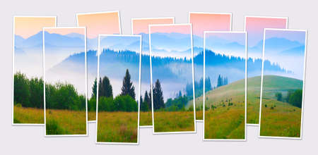 Isolated ten frames collage of picture of summer morning in foggy Carpathians. Fabulous sunrise in mountain valley. Mock-up of modular photo.の写真素材