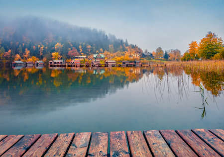 Calm autumn scene of Altausseer See lake. Amazing morning view of Altaussee village, district of Liezen in Styria, Austria. Beauty of countryside concept background.の写真素材