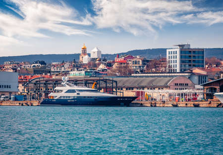 Captivating spring cityscape of Varna port. Wonderful seascape of Black sea, east coast of Bulgaria, Europe. Travel concept background.の写真素材