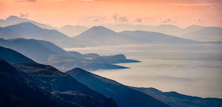 Great aerial landscape of the Adriatic coast of Albania. Fantastic summer view from Llogara pass, Albania, Europe. beauty of nature concept background.の写真素材