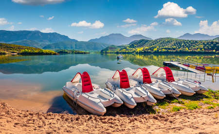 Sunny morning view of Cerkezez lake. Superb spring scene of Albanie, Europe. Travel concept background.の写真素材
