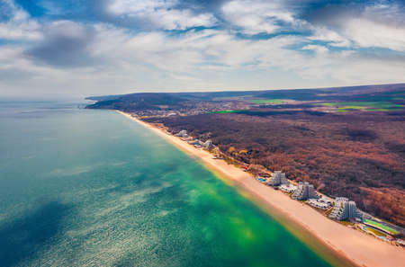 Aerial spring view of Albena Beach. Picturesque morning scene of Bulgaria, Europe. Sunny seascape of Black sea. Travel concept background.の写真素材