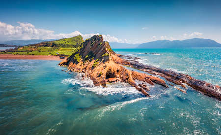 Splendid spring view from flying drone of Dalan and Voge hiking area. Colorful seascape of the Adriatic sea. Majestic morning scene of Albania, Europe. Beauty of nature concept background.の写真素材