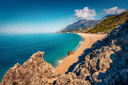 Aerial spring view of public beach in Dhermi town. Amazing morning seascape of the Adriatic sea. Colorful spring scene of Albania, Europe. Travel concept background.の写真素材