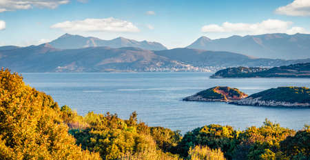 Spectacular spring cityscape of Saranda town. Incredible Ionian seascape. Splendid morning scene of Albania, Europe. Travel concept background.の写真素材