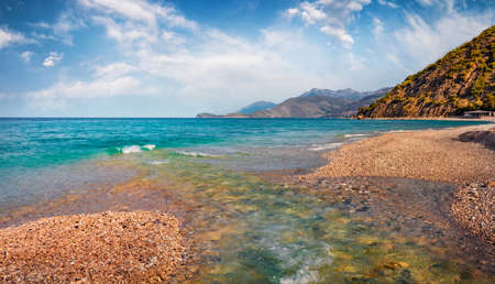 Amazing spring view of Buneci Beach with small river. Calm morning seascape of the Adriatic sea. Spectacular spring scene of Albania, Europe. Travel concept background.の写真素材