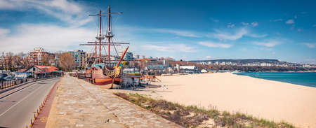 Panoramic spring cityscape of Varna town. Bright seascape of Black sea. Colorful outdoor scene of Bulgaria, Europe. Travel concept background.の写真素材