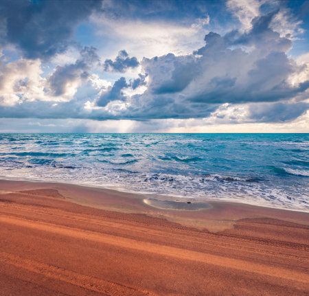 Splendid summer seascape of the Adriatic sea. Stunning outdoor scene of Semanit beach. Amazing morning view of Albania, Europe. beautiful summer scenery.の写真素材