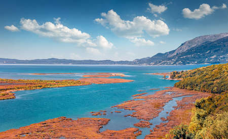 Aerial spring view of Butrint National Park with Ali Pasha Castle of Butrint. Spectacular morning scene of Albania, Europe. Colorful Ionian seascape. beauty of nature concept background.の写真素材