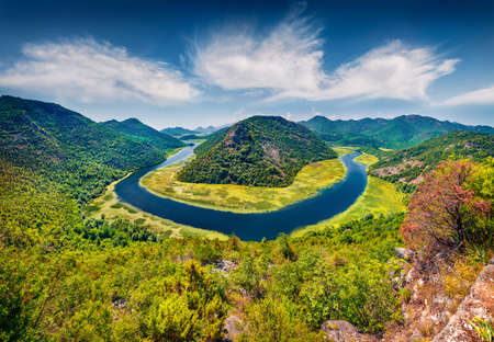 Spectacular summer view of Canyon of Rijeka Crnojevica river, Skadar lake lacation. Splendid morning scene of Montenegro countryside. Beauty of nature concept background.の写真素材