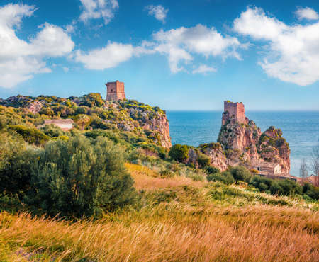 Beautiful spring scene of Tonnara di Scopello. Splendid landscape of Sicily, Italy, Europe. Wonderful morning seascape of Mediterranean sea. Travel concept background.の写真素材