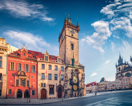 Colorful summer view of Old Town Square with Tyn Church. Early morning cityscape of Prague, capital city of the Czech Republic, Europe. Travel concept background.のeditorial素材