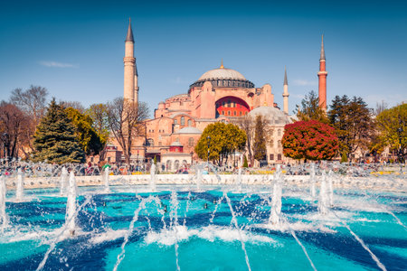 Wonderful spring view of Sultan Ahmet park in Istanbul, Turkey, Europe. Bright morning scene of Ayasofya Museum (Hagia Sophia). Travel concept background.のeditorial素材
