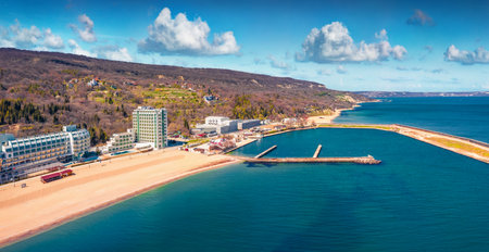 Amazing spring view of Golden Sands port. Sunny morning scene of Bulgaria, Europe. View from flying drone of Black sea. Travel concept background.のeditorial素材