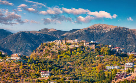 Colorful spring view of Castle of Himara, Vlore. Sunny morning scene of , Albania, Europe. Travel concept background. Majestic landscape of mountain peaks.のeditorial素材