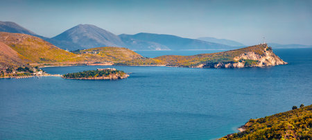 Panoramic spinning view of Ali Pasha Tepelena Fortress. Picturesque morning seascape od Adriatic sea. Amazing outdoor scene of Albania, Europe. Travel concept background.のeditorial素材