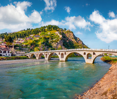 Charm of the ancient cities of Europe. Splendid spring cityscape of Berat town, located on the Osum River, in central Albania. Travel concept background.のeditorial素材