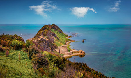 Aerial spring view of Rodoni Castle. Green morning seascape of the Adriatic sea. Captivating outdoor scene of Albania, Europe. Travel concept background.のeditorial素材