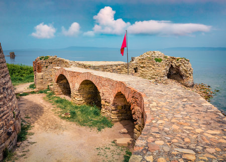 Attractive spring view of Rodoni Castle. Calm morning seascape of the Adriatic sea. Great outdoor scene of Albania, Europe. Travel concept background.のeditorial素材
