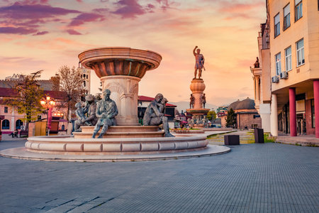 Charm of the ancient cities of Europe. Wonderful cityscape of capital of North Macedonia - Skopje. Travel concept background.のeditorial素材