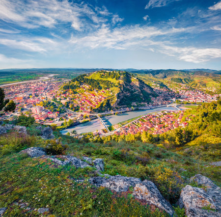 Aerial spring cityscape of Berat town, located on the Osum River. Colorful morning scene of Albania, Europe. Travel concept background.のeditorial素材