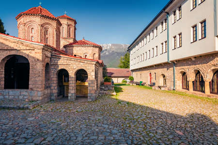 Wonderful spring view of Monastery of St. Naum. Majestic morning scene of North Macedonia, Europe. Travel concept background.の写真素材