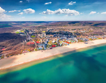 Fantastic aerial view of Albena Beach. Early spring in Bulgaria, Europe. Sunny seascape of Black sea. Travel concept background.の写真素材