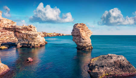 Attractive spring view of popular tourist destination - Tyulenovo cliffs. Exciting morning seascape of Black Sea. Wonderful outdoor scene of Bulgaria, Europe. beauty of nature concept background.の写真素材