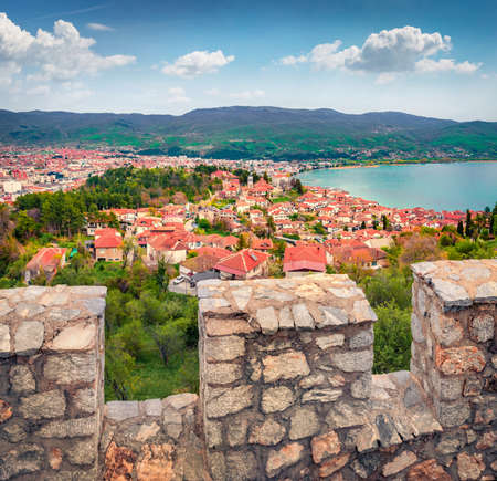 Aerial spring view of Ohrid town from the wall of Samuel's Fortress. Colorful morning scene of Ohrid lake, North Macedonia, Europe. Travel concept background.の写真素材