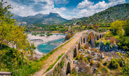 Attractive spring view of Old Mes Bridge. Majestic morning landscape of Shkoder. Wonderful outdoor scene of Albania, Europe. Travel concept background.の写真素材