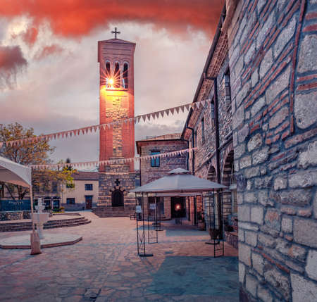 Spectacular evening view of St. Demetrius of Thessaloniki church. Stunning sunset in Bitola city. Amazing outdoor scene of North Macedonia, Europe. Travel concept background.の写真素材