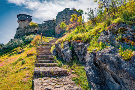 Stone staircase to Petrela Castle. Splendid spring scene of Albania, Europe. Wonderful world of the Balkans. Travel concept background.のeditorial素材