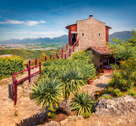 Bright morning view of Petrela Castle. Colorful spring scene of Albania, Europe. beautiful world of mediterranean countrys. Travel concept background.のeditorial素材