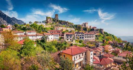 Picturesque spring view of Castle of Kruja. Colorful morning landscape of Albanian countryside. Sunny outdoor scene of Albania, Europe. Travel concept background.のeditorial素材