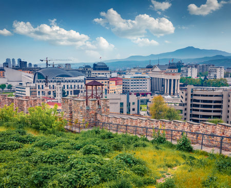 Splendid morning view of Skopje Fortress - remains of a 6th-century hilltop stone fortress. Amazing spring cityscape of Skopje - capital of North Macedonia, Europe. Travel concept background.のeditorial素材