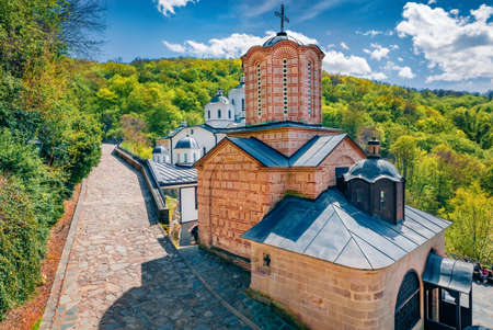 Bright spring view of Saint Joachim Osogovski Orthodox monastery & church complex with elaborate frescoes. Sunny morning scene of North Macedonia, Europe. Travel concept background.の写真素材