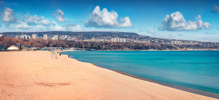 Panoramic spring seascape of Black Sea. Amazing morning cityscape of Varna town. Picturesque outdoor scene of Bulgaria, Europe. Travel concept background.の写真素材