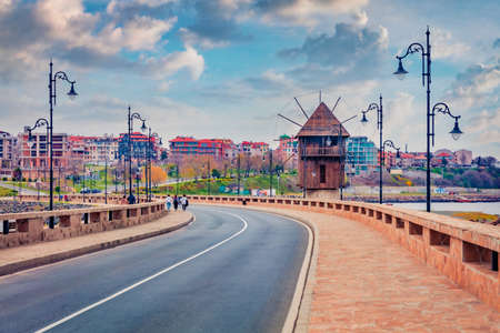 Fabulous evening scene of Old Town of Nessebar with old wooden windmill. Splendid spring scene of Bulgaria, Europe. Travel concept background.の写真素材