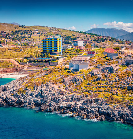 Picturesque spring cityscape of Saranda port. Spectacular Mediterranean seascape. Marvelous morning scene of Albania, Europe. Travel concept background.の写真素材