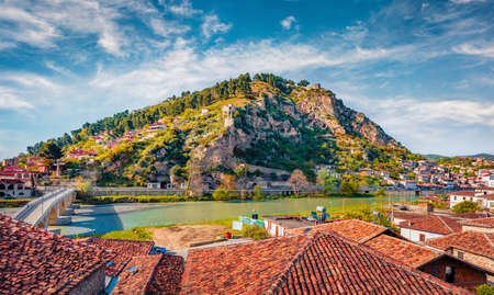 Beautiful spring cityscape of Berat town, located on the Osum River, in central Albania. Travel concept background.の写真素材