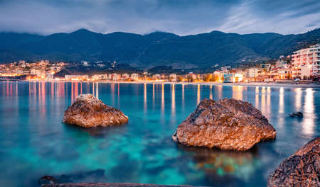 Astonishing spring view of Potam Public beach. Exciting morning seascape of the Adriatic sea. Fantastic cityscape of Himare town, Albania, Europe. Travel concept background.の写真素材