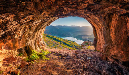 Fantastic view from the cave of Bovilla Lake, near Tirana city located. Superb spring landscape. Unbelievable outdor scene of Albania, Europe. beauty of nature concept background.の写真素材