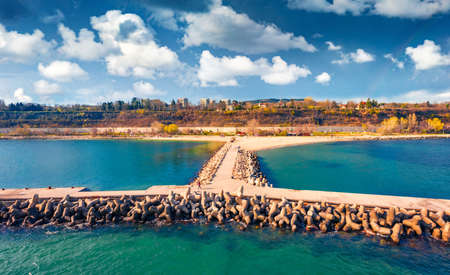 Bright morning view of Varna port. Beautiful seascape of Black sea, east coast of Bulgaria, Europe. Travel concept background.の写真素材