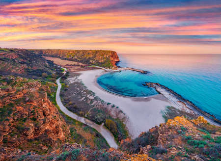 Aerial spring seascape of Black sea. Splendid sunrise on Bolata beach.in Bulgaria, Europe. beauty of nature concept background.の写真素材